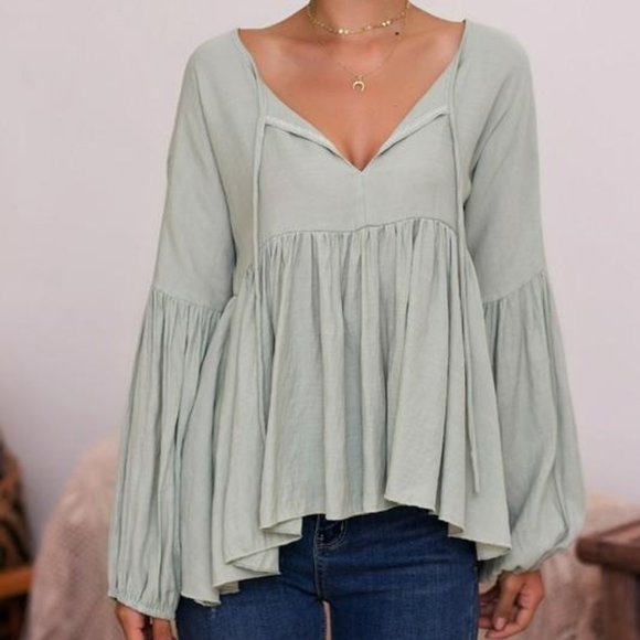 Boho Hippy Babydoll Blouse Longsleeve - Picture 2 of 3